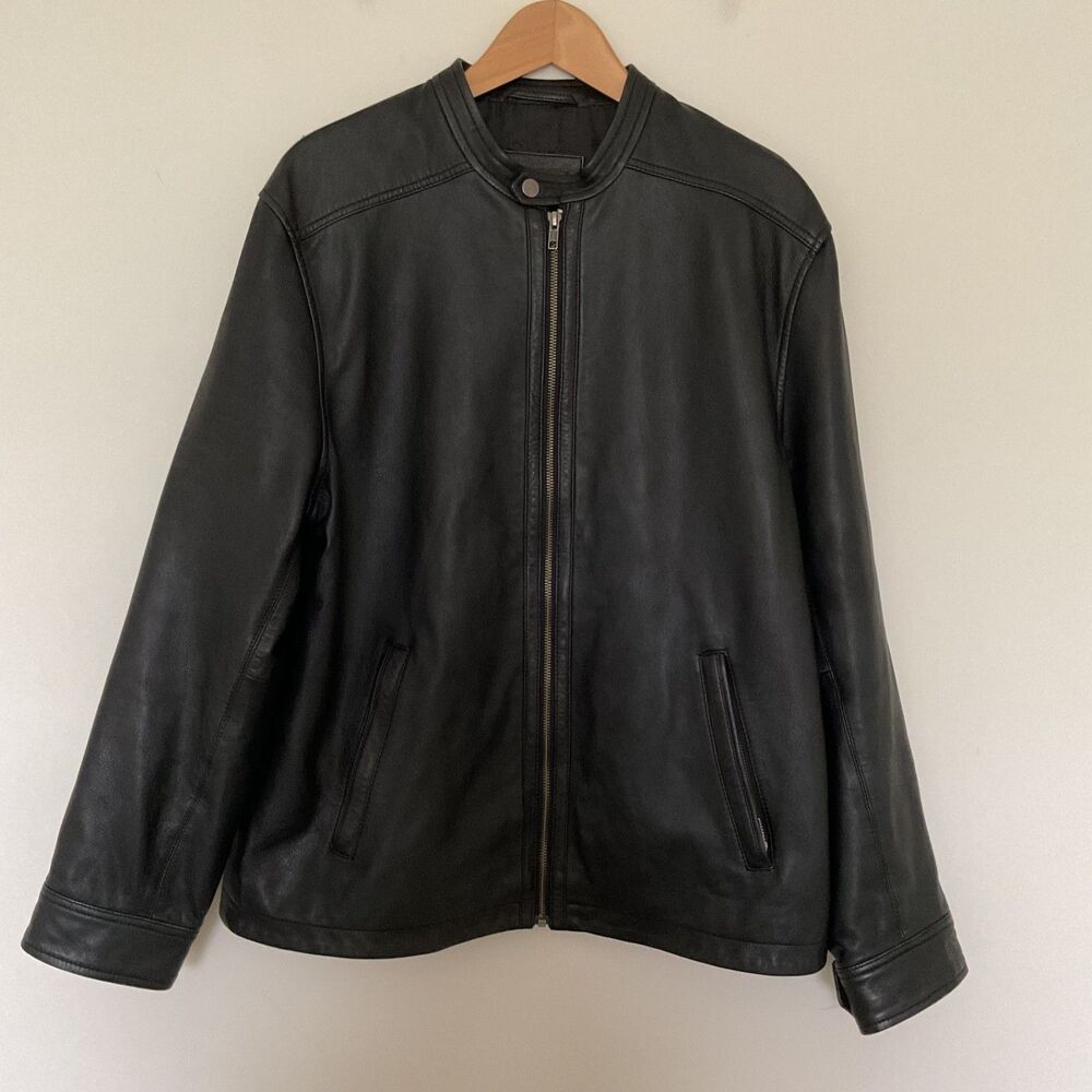 Tasso Elba Mens Leather Cafe Racer Motorcycle Jacket Sz L Black Soft Full Zip